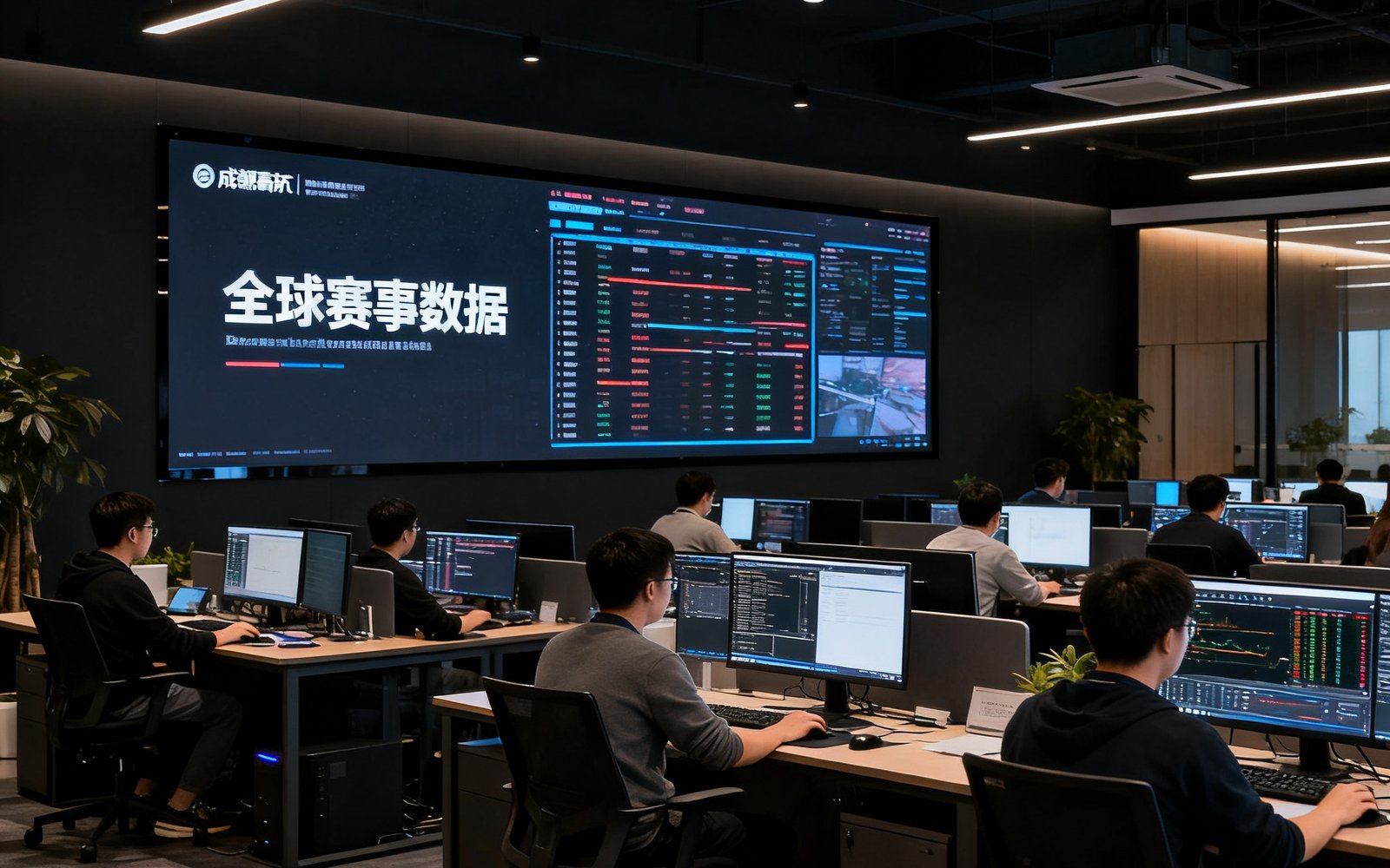 比分直播网位于成都高新区的开放式办公区，数十位工程师和数据编辑在深色主题的办公环境中工作，墙面上的大屏幕实时滚动着全球赛事数据
